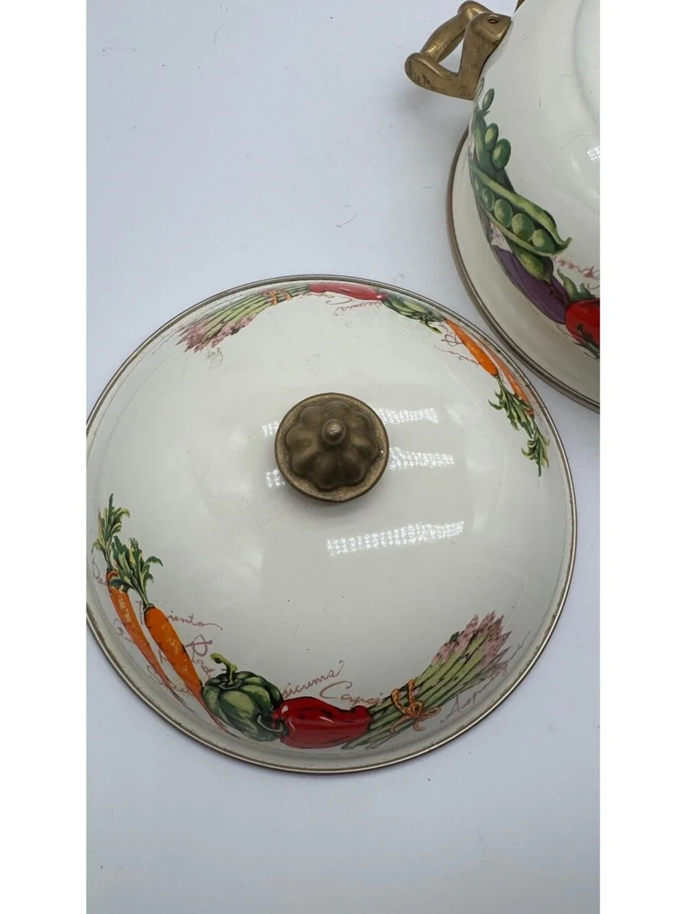 Vintage Ceramic Covered Casserole Tureen Vegetable Design Brass Tone Handles